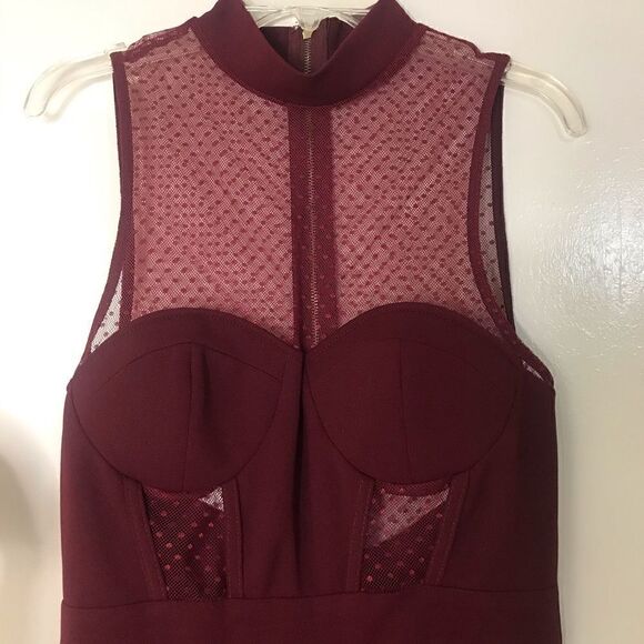 Privy Burgundy Red Sheer Mock Neck Bodycon Dress - Picture 2 of 7